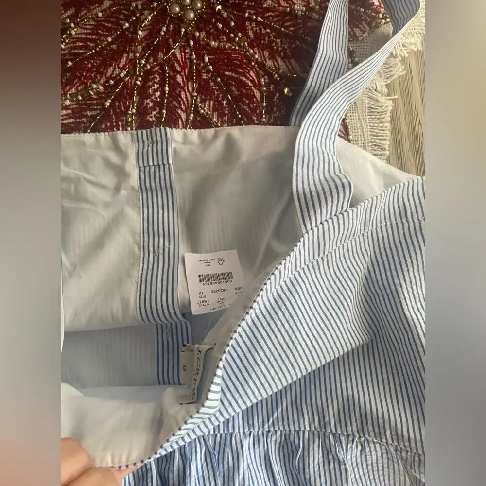 J Crew  Button Front Dress Sz 12  Seersucker Stripe White/Blue Sleeveless NWT